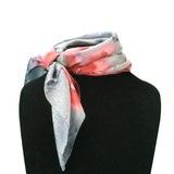 Red flower grey silk square scarf - Soierie Huo
