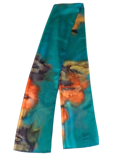 Silk scarf Deep teal with colorful flowers - Soierie Huo