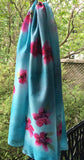Blue silk sarong with fuchsia flowers - Soierie Huo