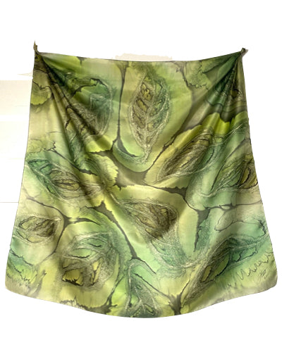 Square silk scarf with kaki kiwi leaves - Soierie Huo