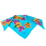 Turquoise, orange and pink square silk scarf - Soierie Huo