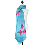 Blue silk sarong with fuchsia flowers - Soierie Huo