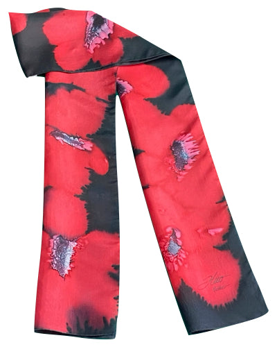 Black silk scarf with red flowers - Soierie Huo