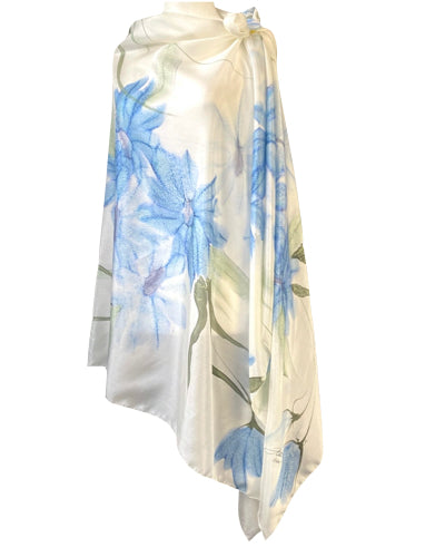 Hand-painted silk sarong Azure daisies - Soierie Huo