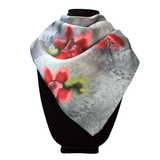 Red flower grey silk square scarf - Soierie Huo