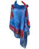 Blue silk sarong with red flowers - Soierie Huo